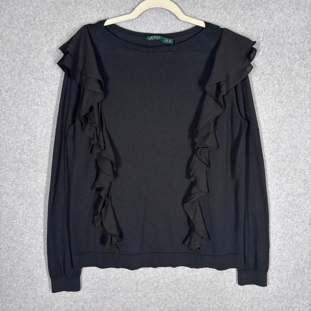 LRL Ralph Lauren Silk Modal Ruffle Trim Sweater XL Black Thin Feminine Romantic